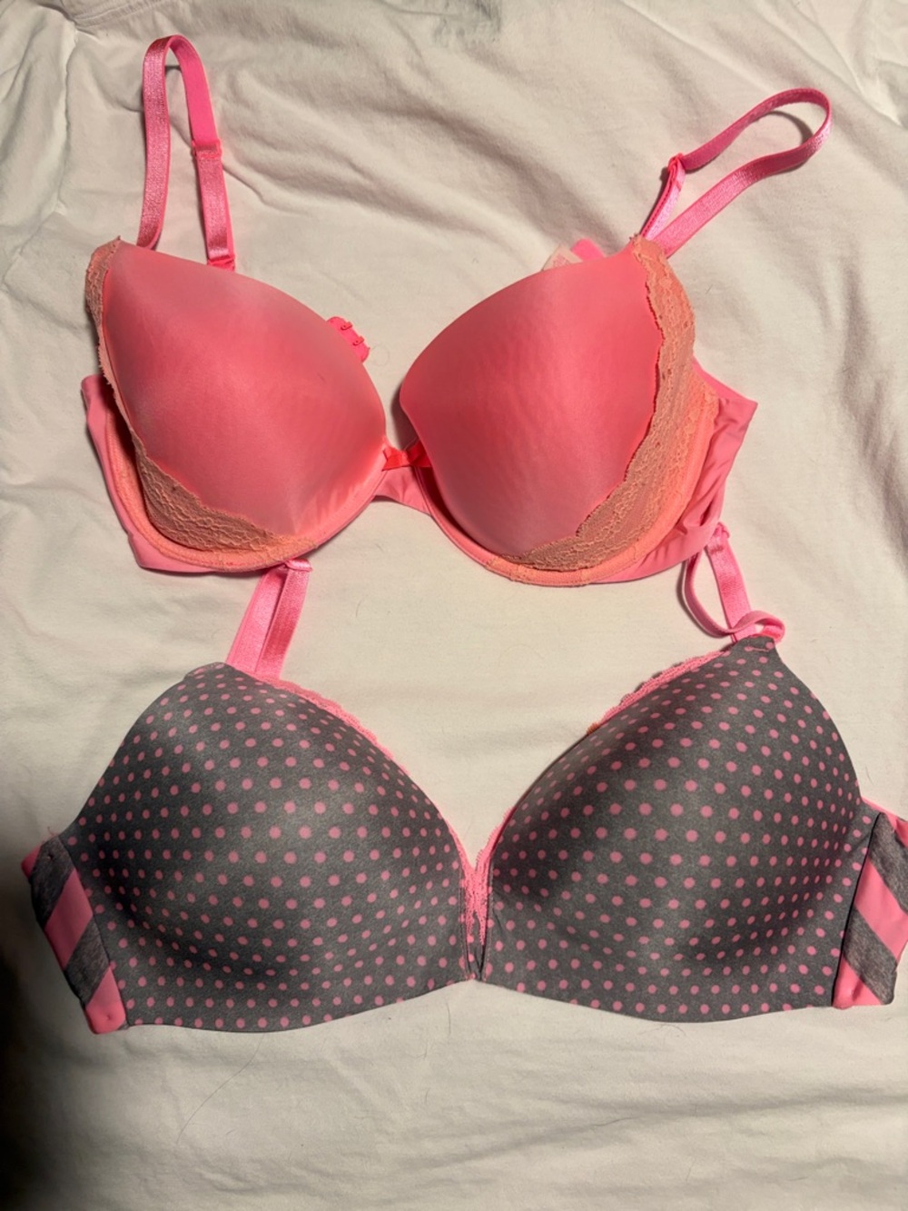 PINK VS pink and lace trim and gray polka dot bras